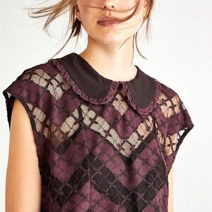 Free People Plum Lace Overlay Top with Peter Pan Collar. Size Small